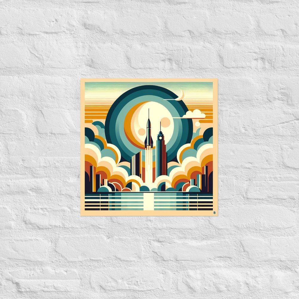Retro Rocket Launch Over Geometric City