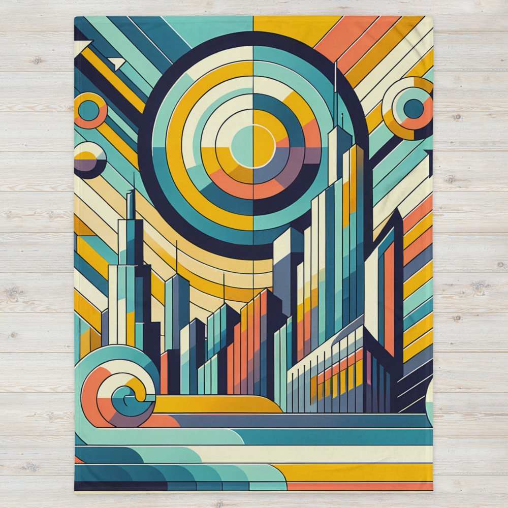 Geometric Retro Cityscape with Concentric Sun
