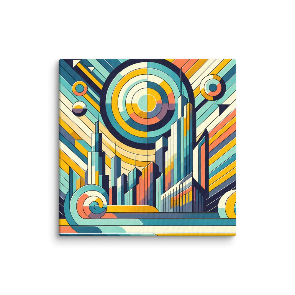 Geometric Retro Cityscape with Concentric Sun