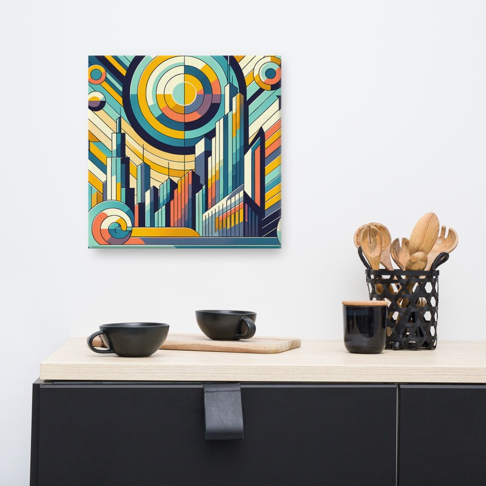 Geometric Retro Cityscape with Concentric Sun