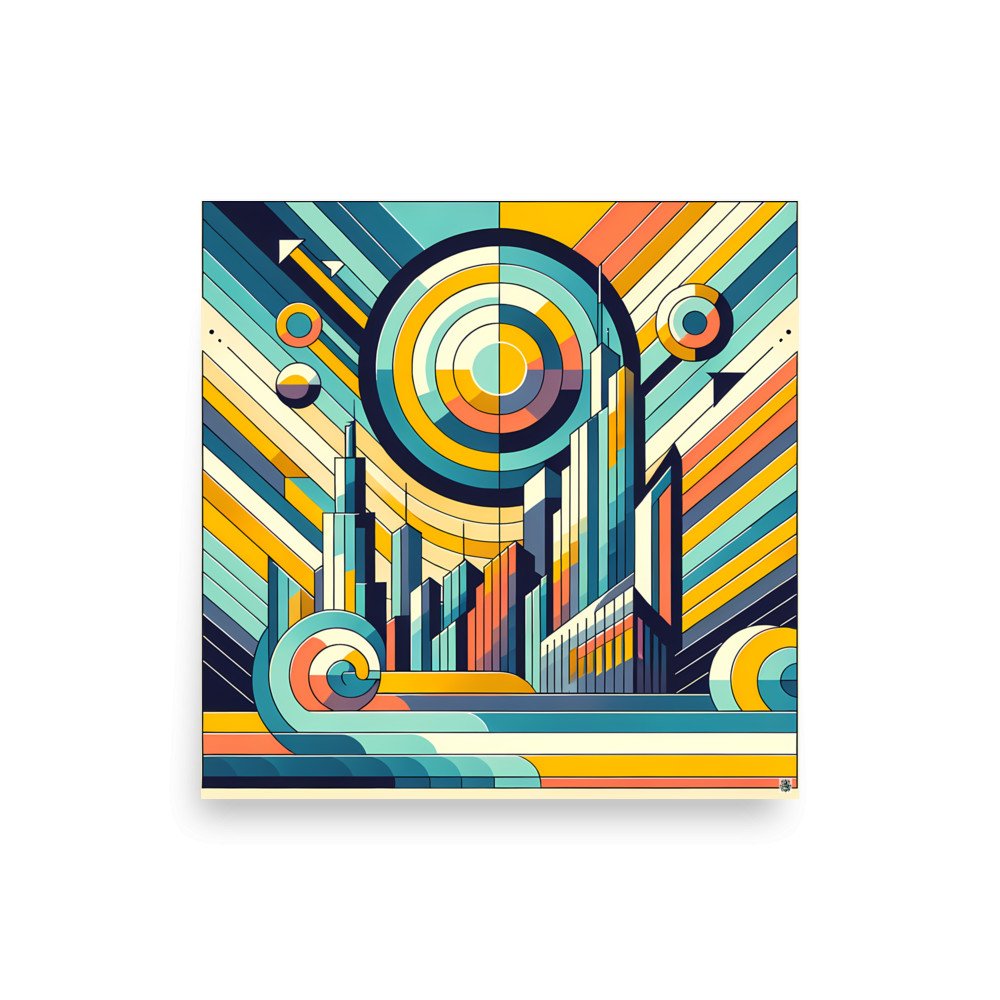 Geometric Retro Cityscape with Concentric Sun