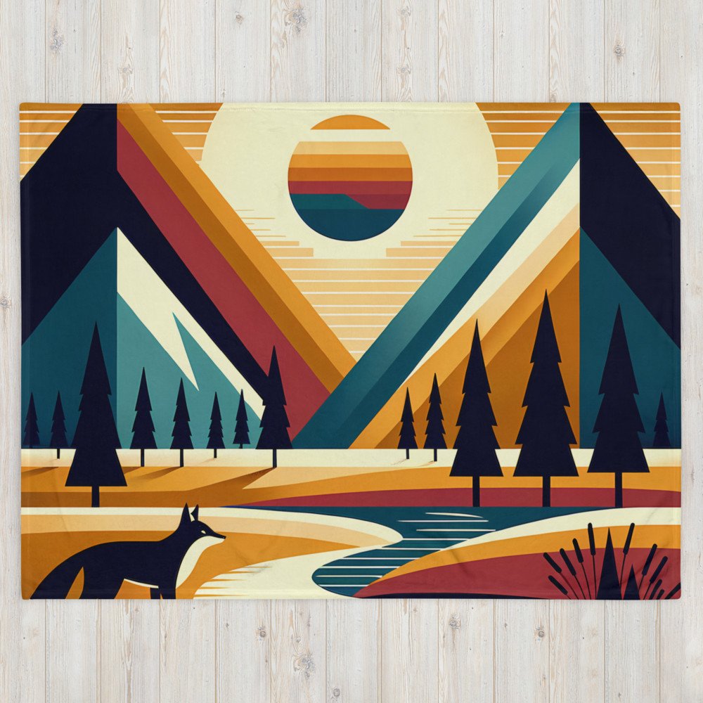 Geometric Mountain Peaks with Fox and Sunset