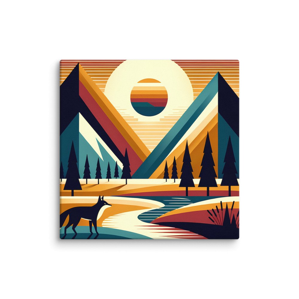 Geometric Mountain Peaks with Fox and Sunset