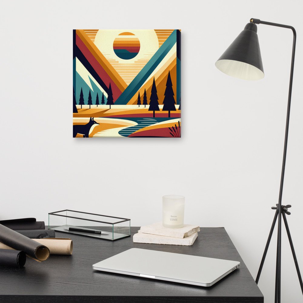 Geometric Mountain Peaks with Fox and Sunset