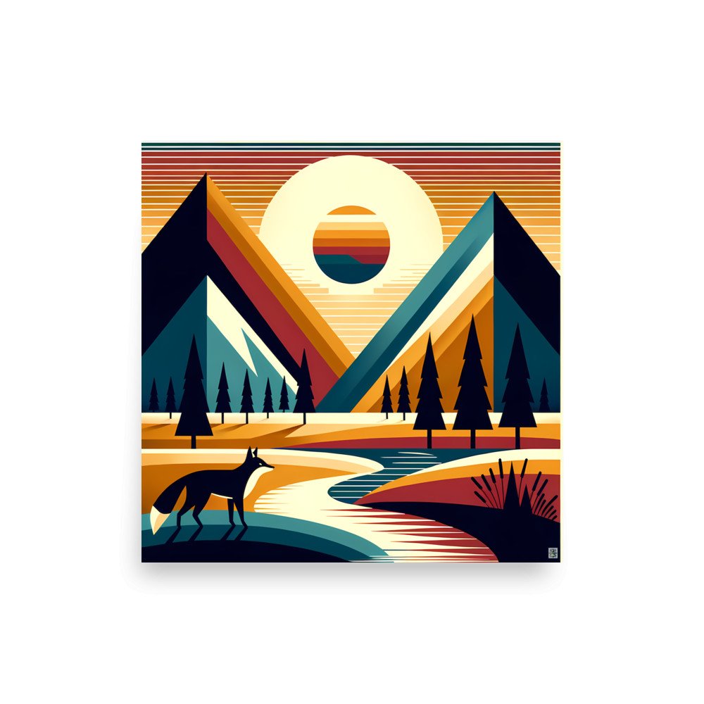 Geometric Mountain Peaks with Fox and Sunset