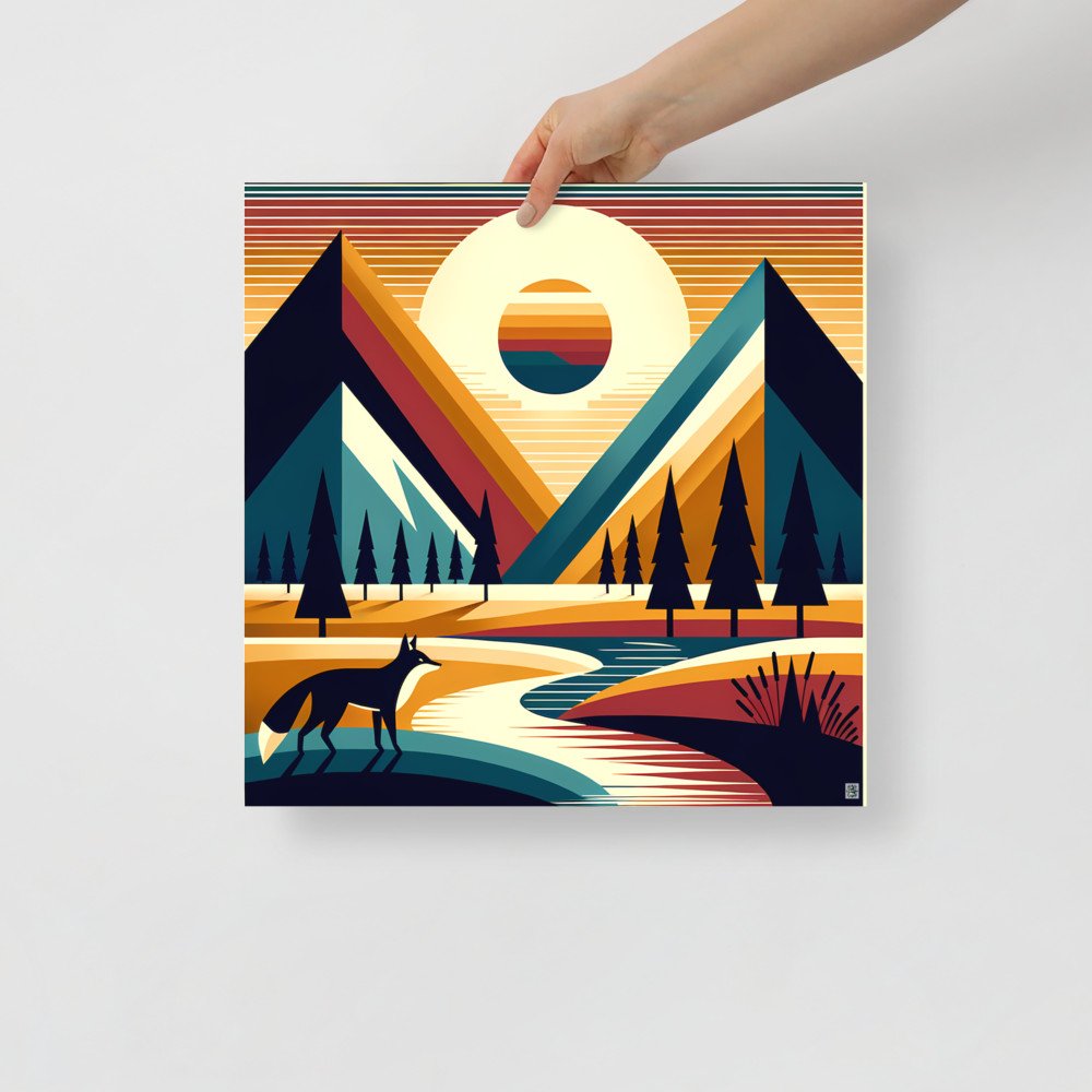 Geometric Mountain Peaks with Fox and Sunset