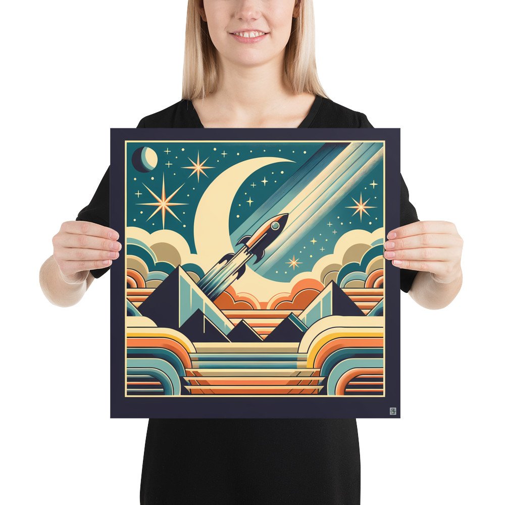 Retro Rocket Over Crescent Moon and Pyramids