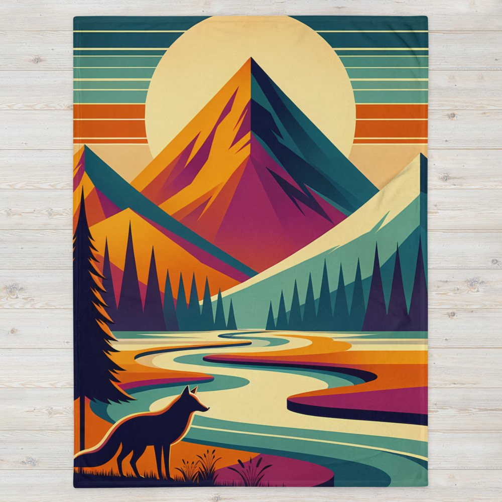 Geometric Mountain Landscape with Fox and River