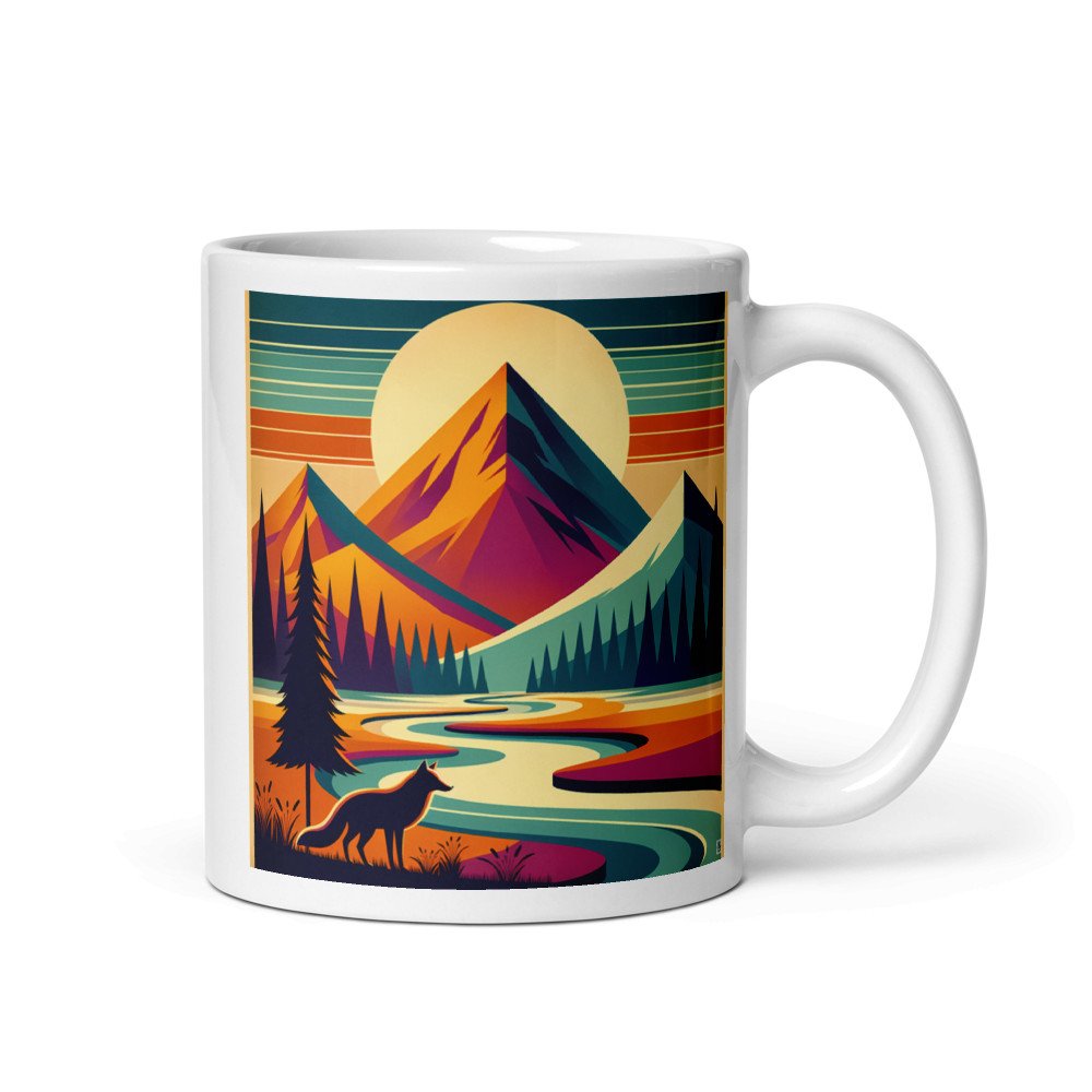 Geometric Mountain Landscape with Fox and River