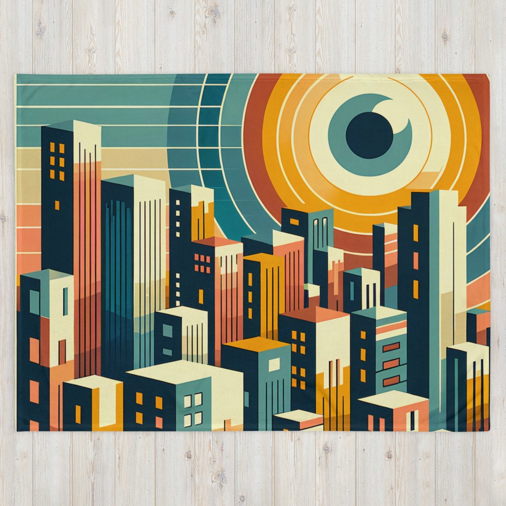 Geometric Cityscape with Circular Eye Sun