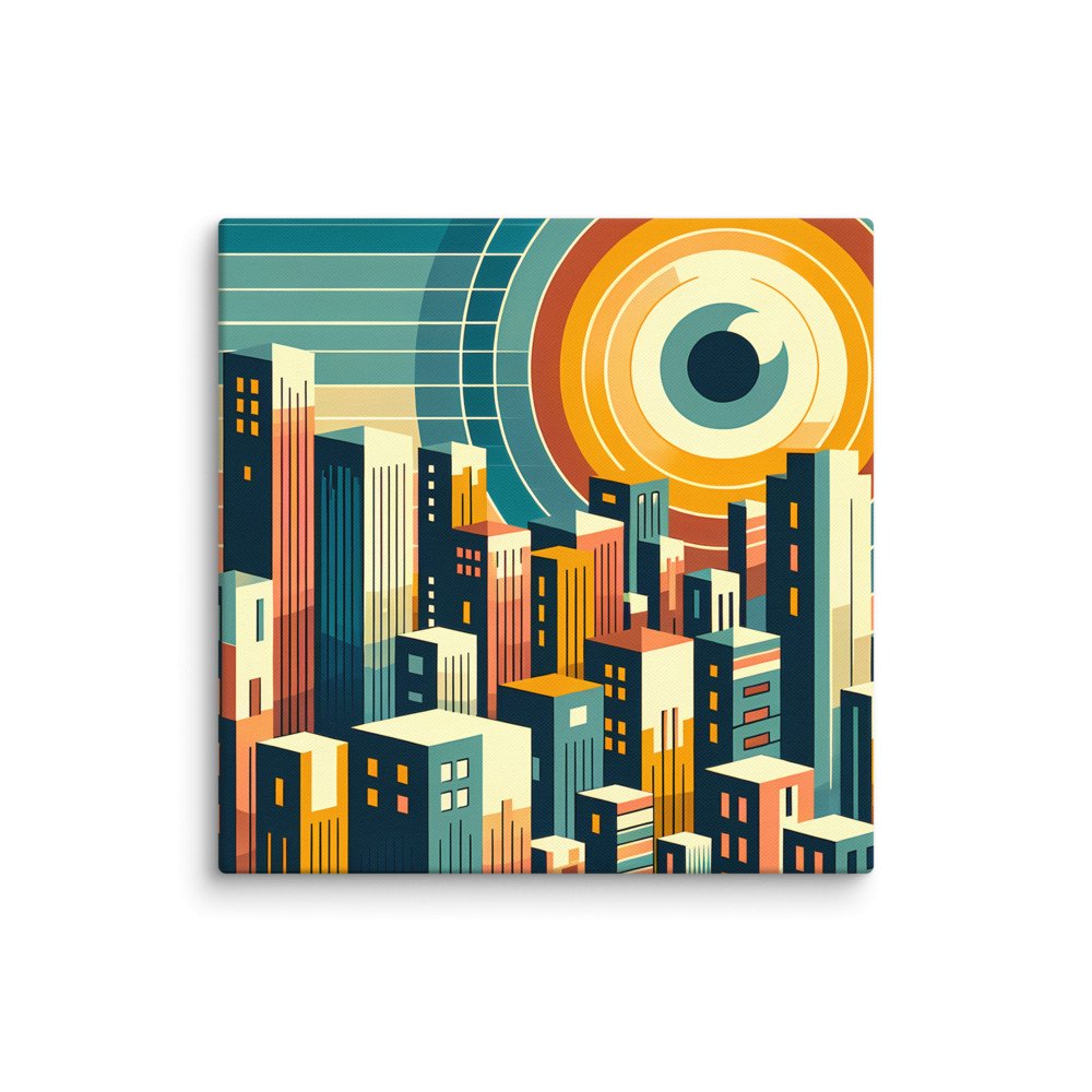 Geometric Cityscape with Circular Eye Sun