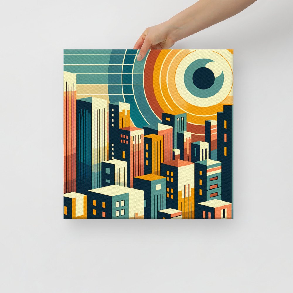 Geometric Cityscape with Circular Eye Sun