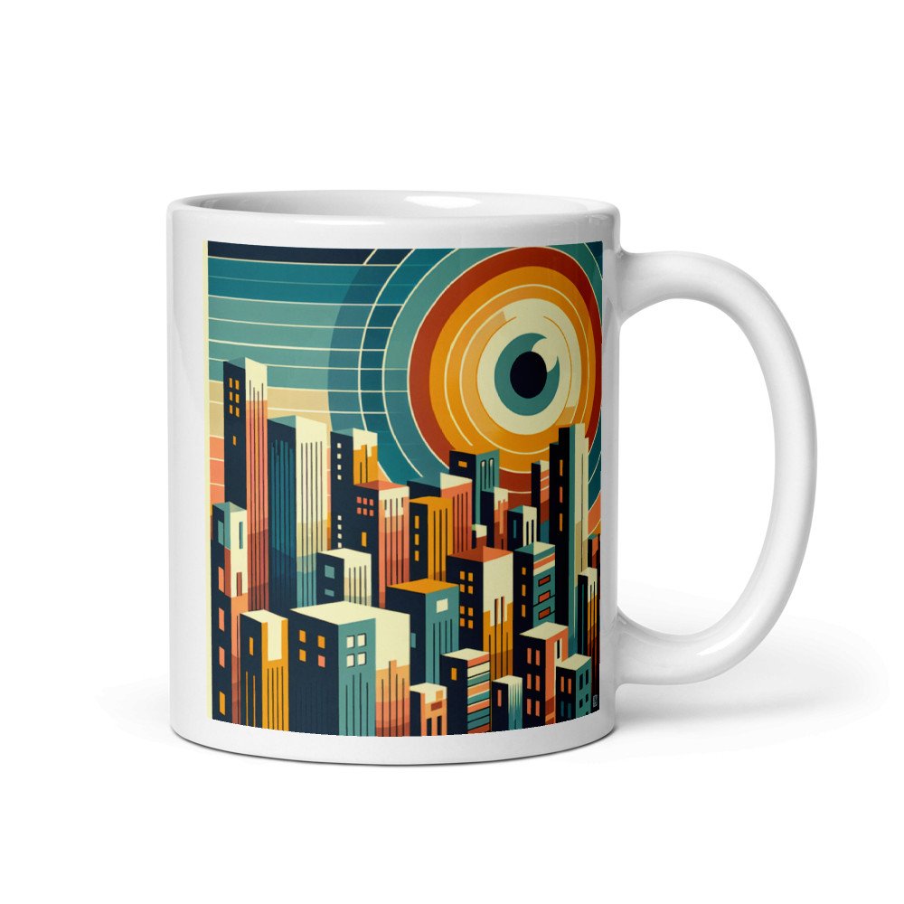 Geometric Cityscape with Circular Eye Sun