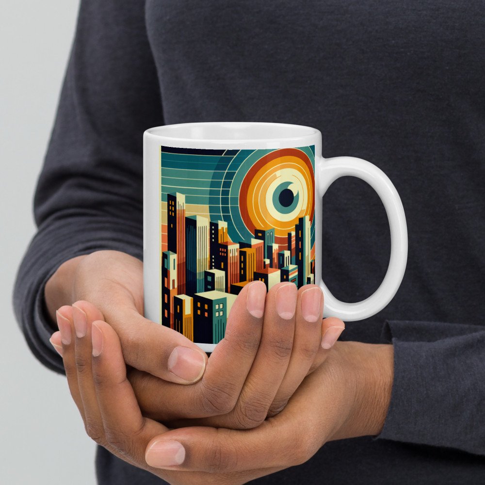 Geometric Cityscape with Circular Eye Sun