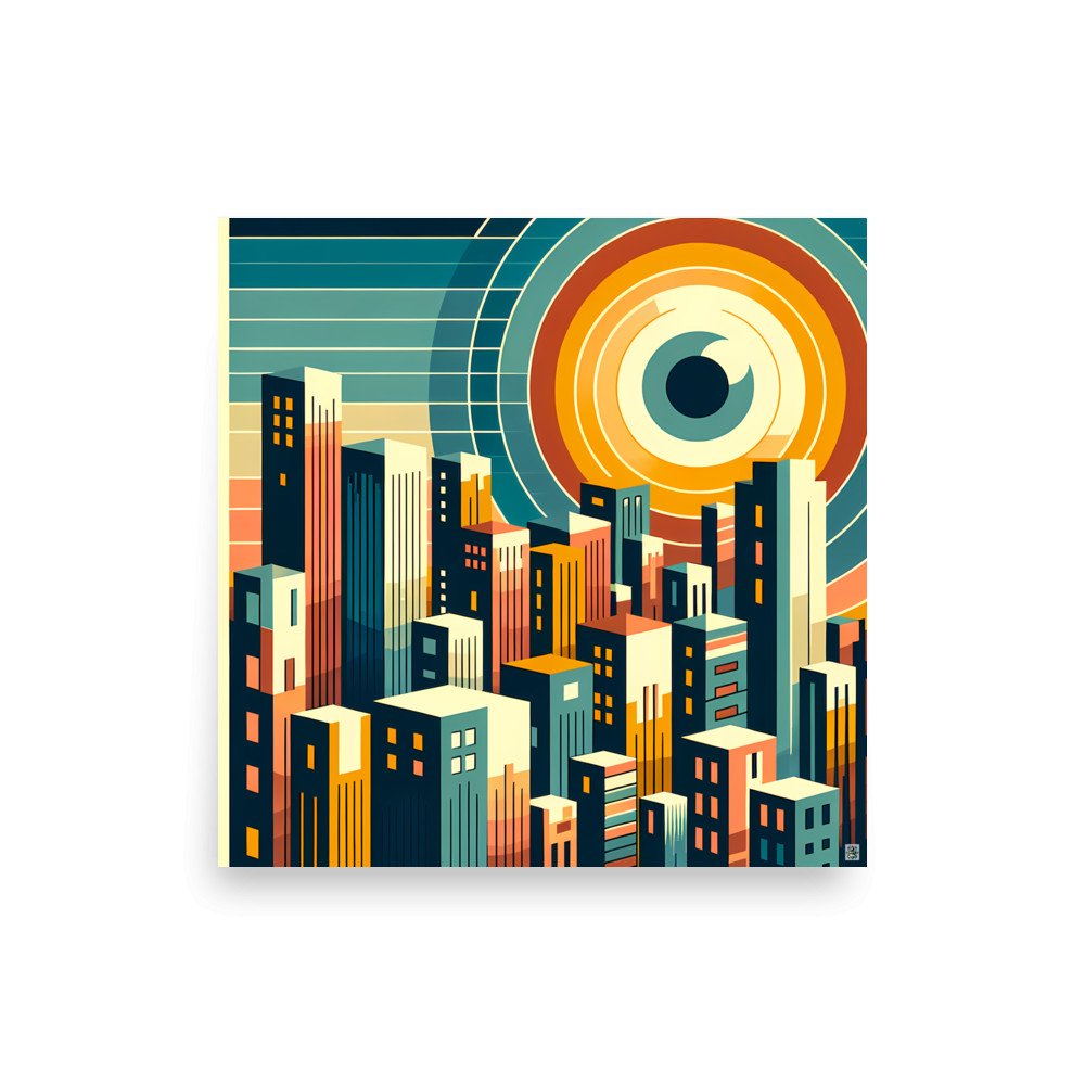 Geometric Cityscape with Circular Eye Sun