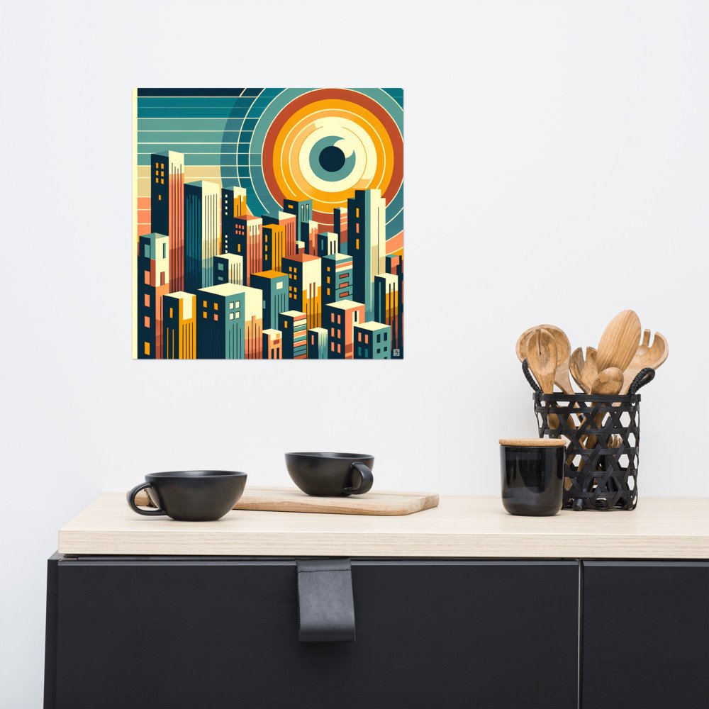Geometric Cityscape with Circular Eye Sun