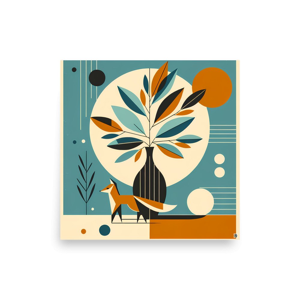 Geometric Fox and Botanical Vase Illustration