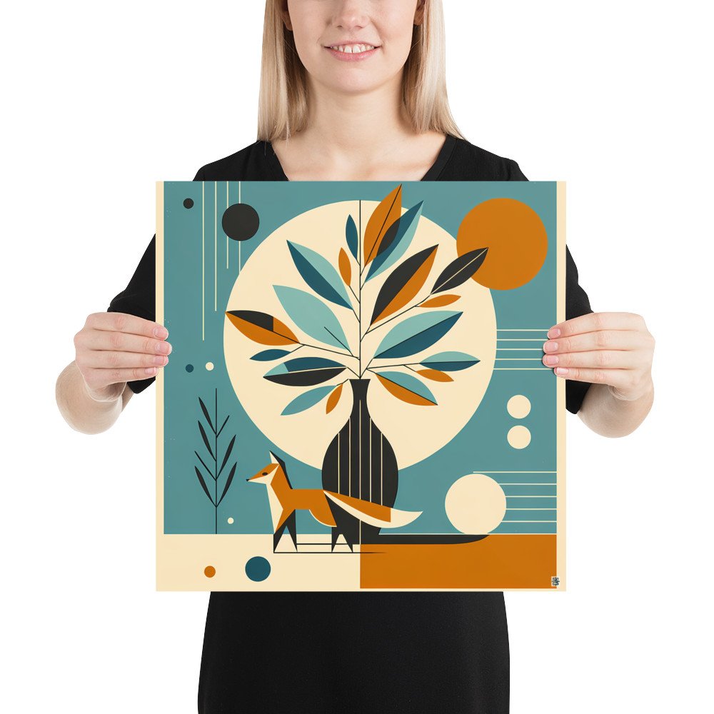 Geometric Fox and Botanical Vase Illustration