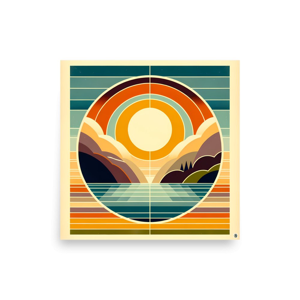 Geometric Sun Over Mountain Lake