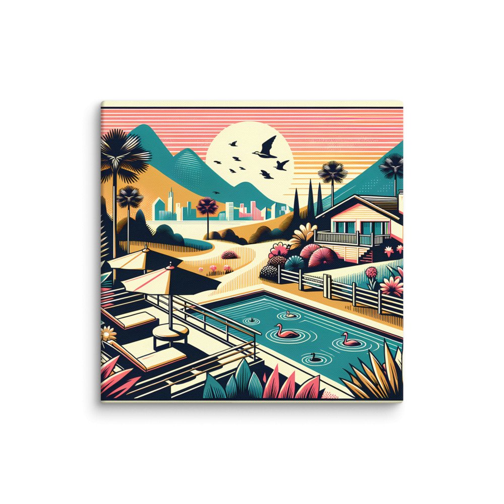 Retro Poolside Flamingos Sunset Mountain Landscape