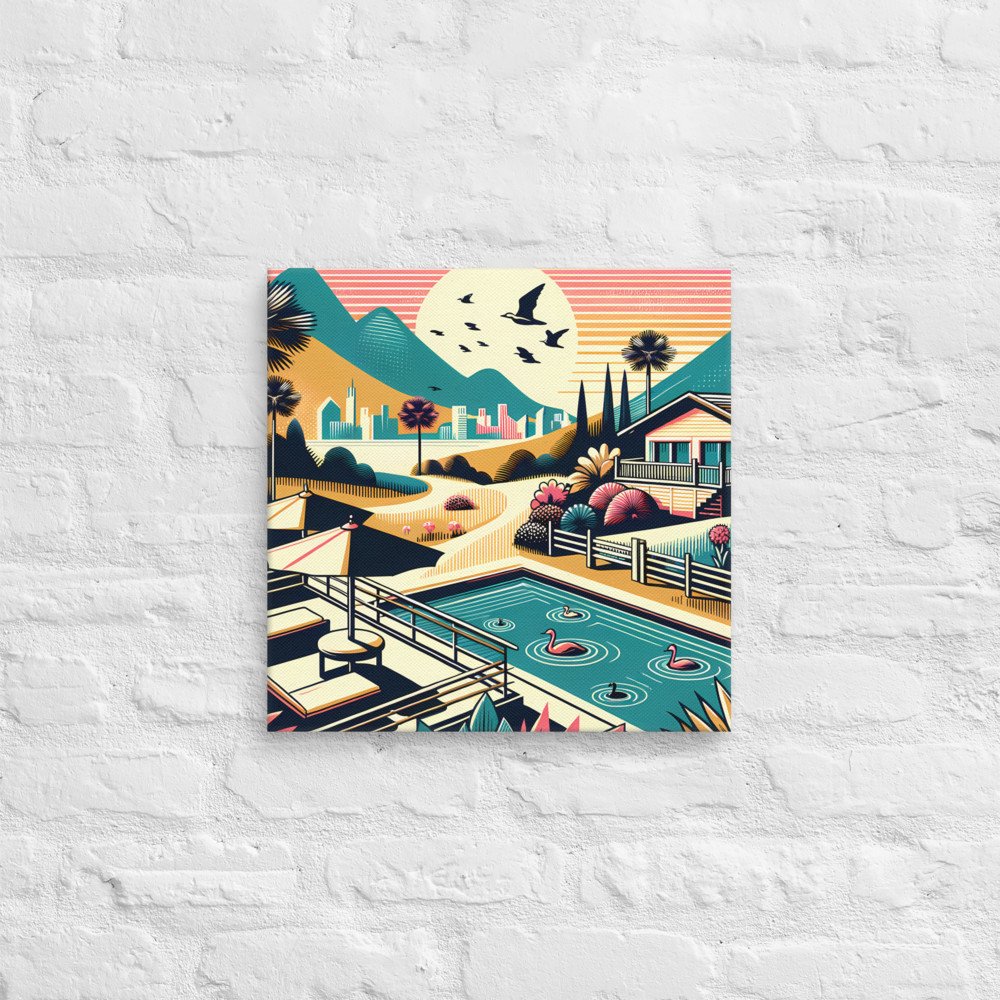 Retro Poolside Flamingos Sunset Mountain Landscape
