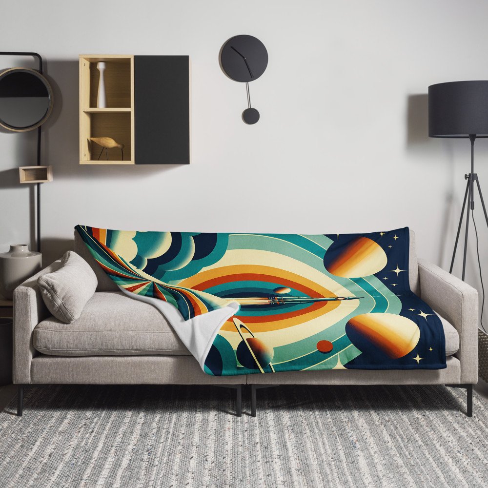 Retro rocket launch with planets and concentric rings