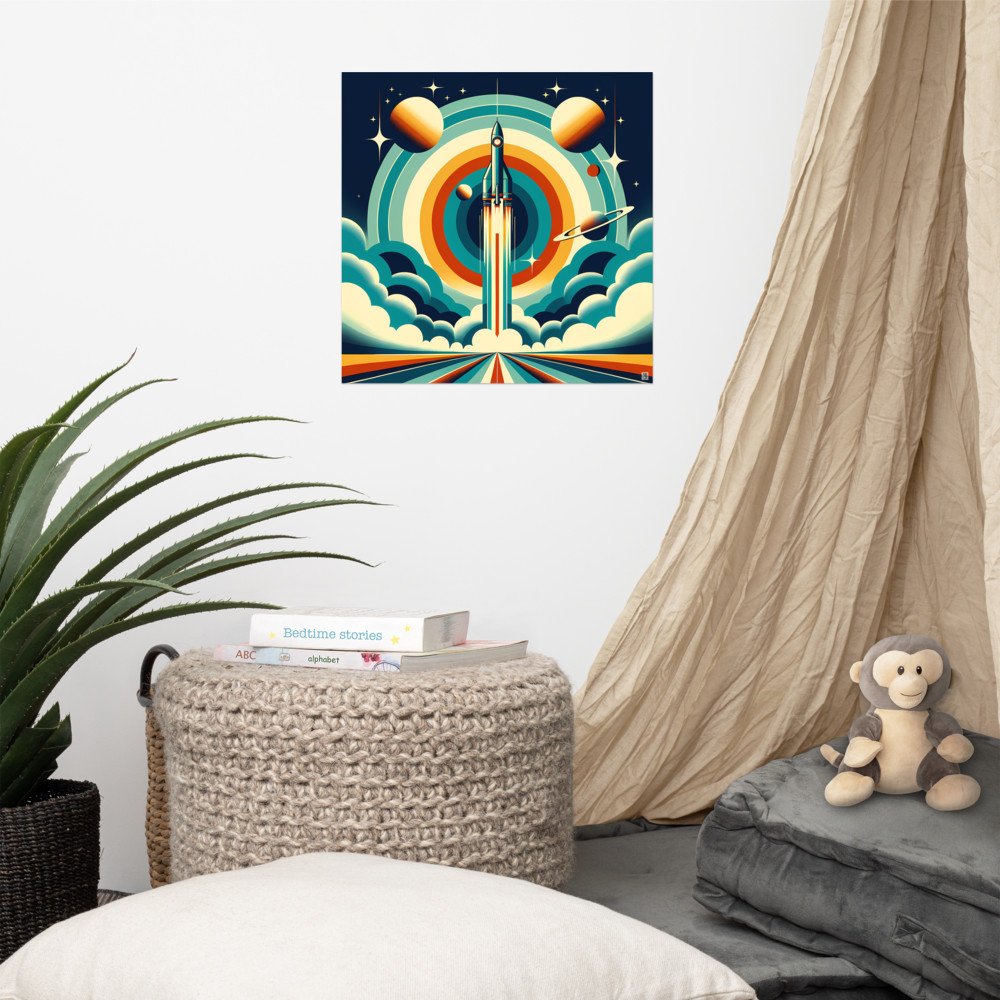 Retro rocket launch with planets and concentric rings