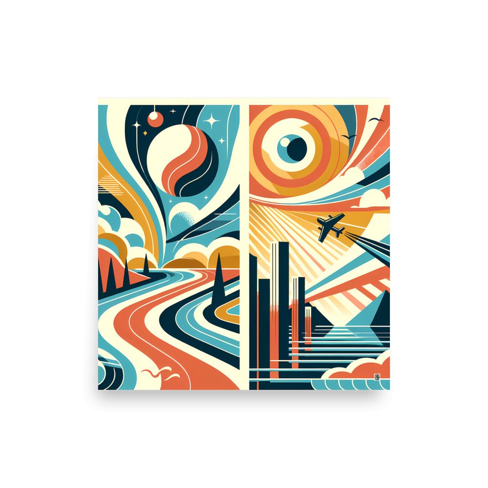 Retro Mid Century Modern Sky and Cityscape Diptych