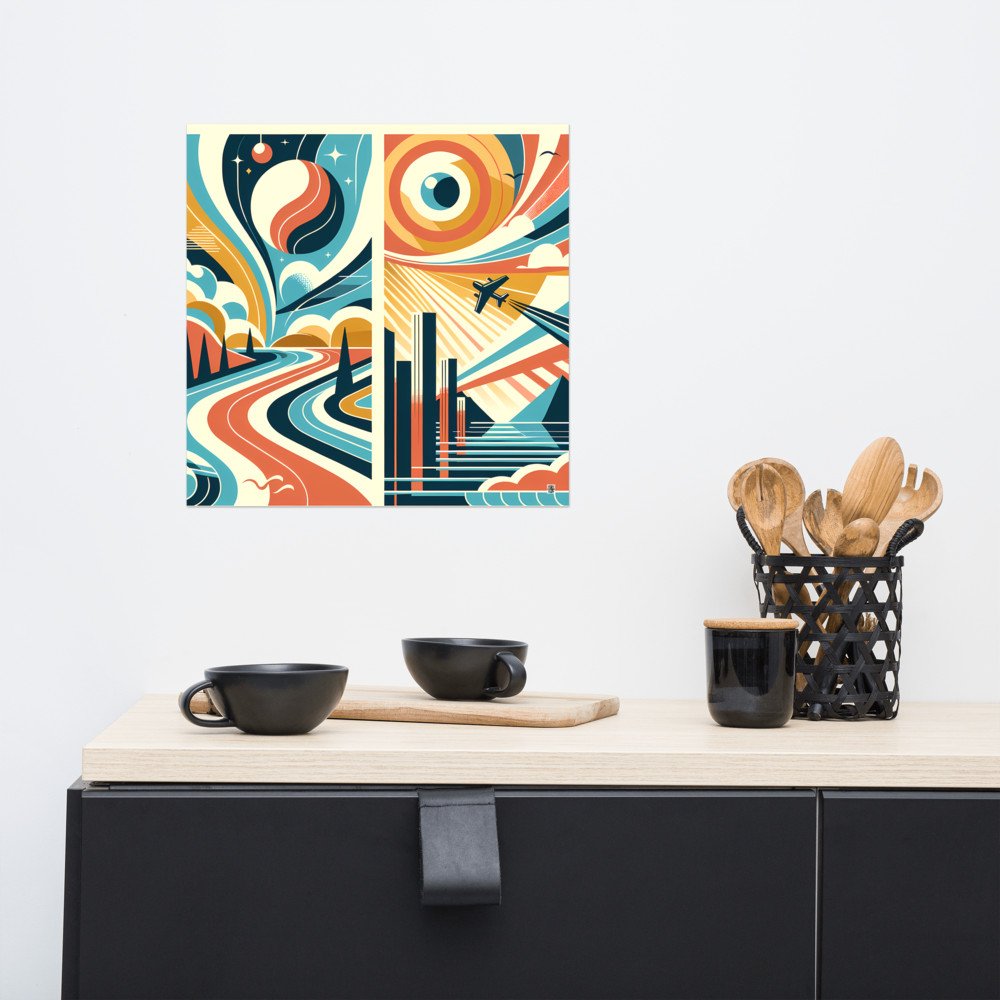 Retro Mid Century Modern Sky and Cityscape Diptych