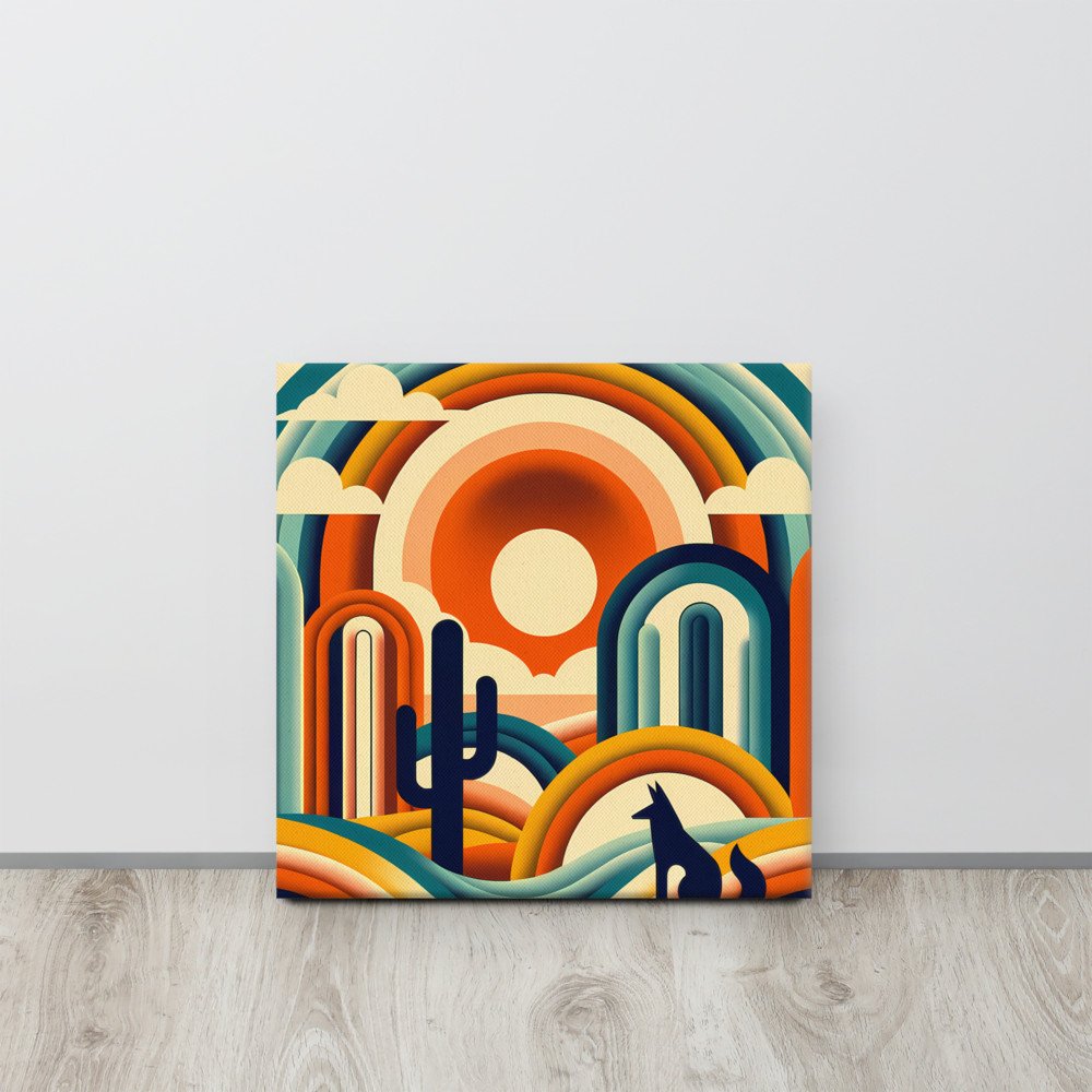 Geometric Desert Sunset with Fox and Cactus