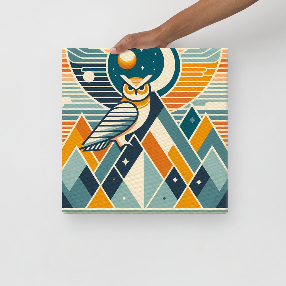 Geometric Owl Moon Over Mountains