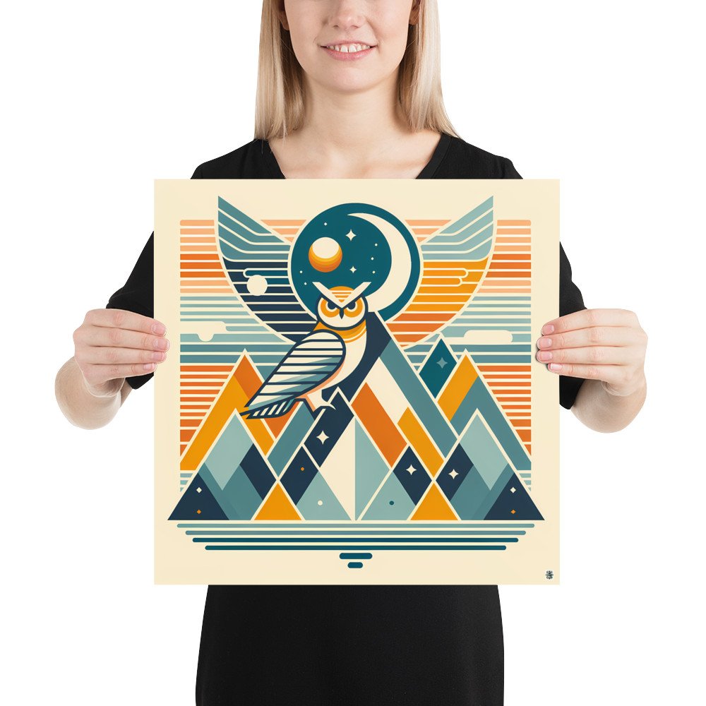 Geometric Owl Moon Over Mountains