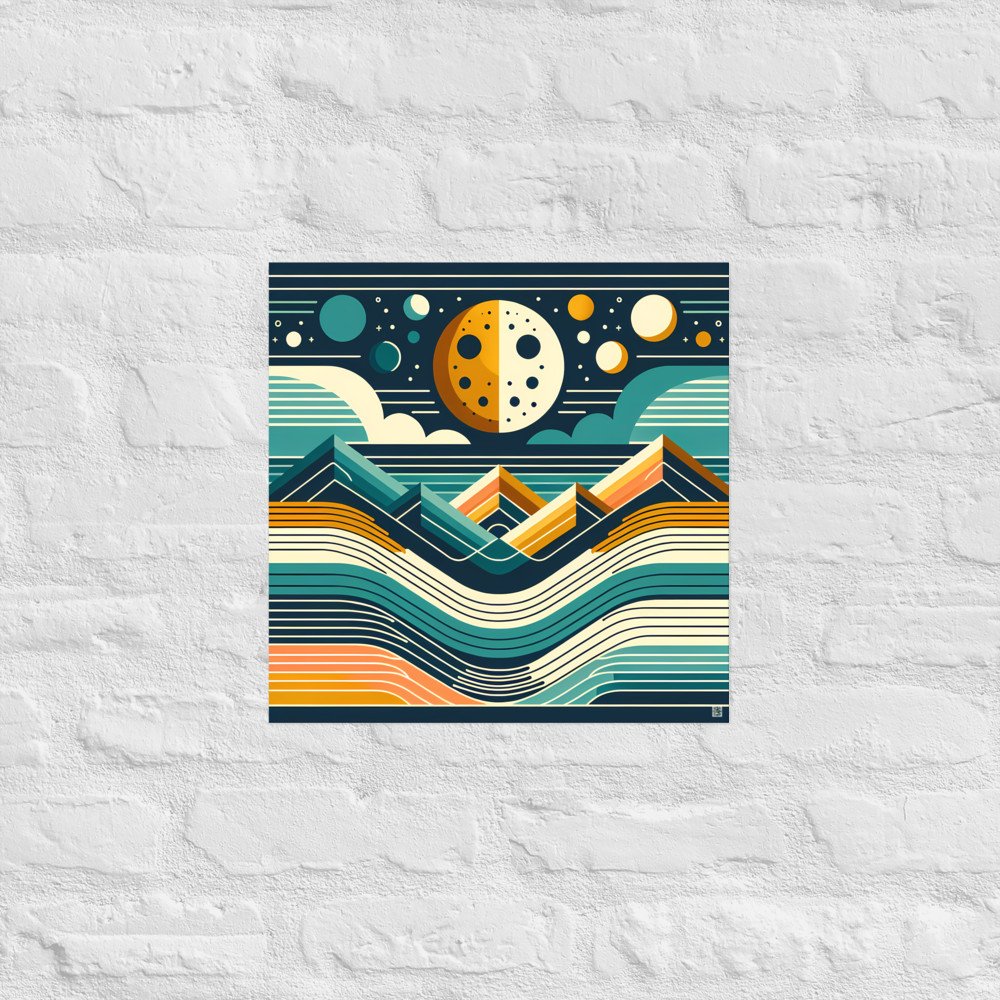 Geometric Moon Over Layered Mountains