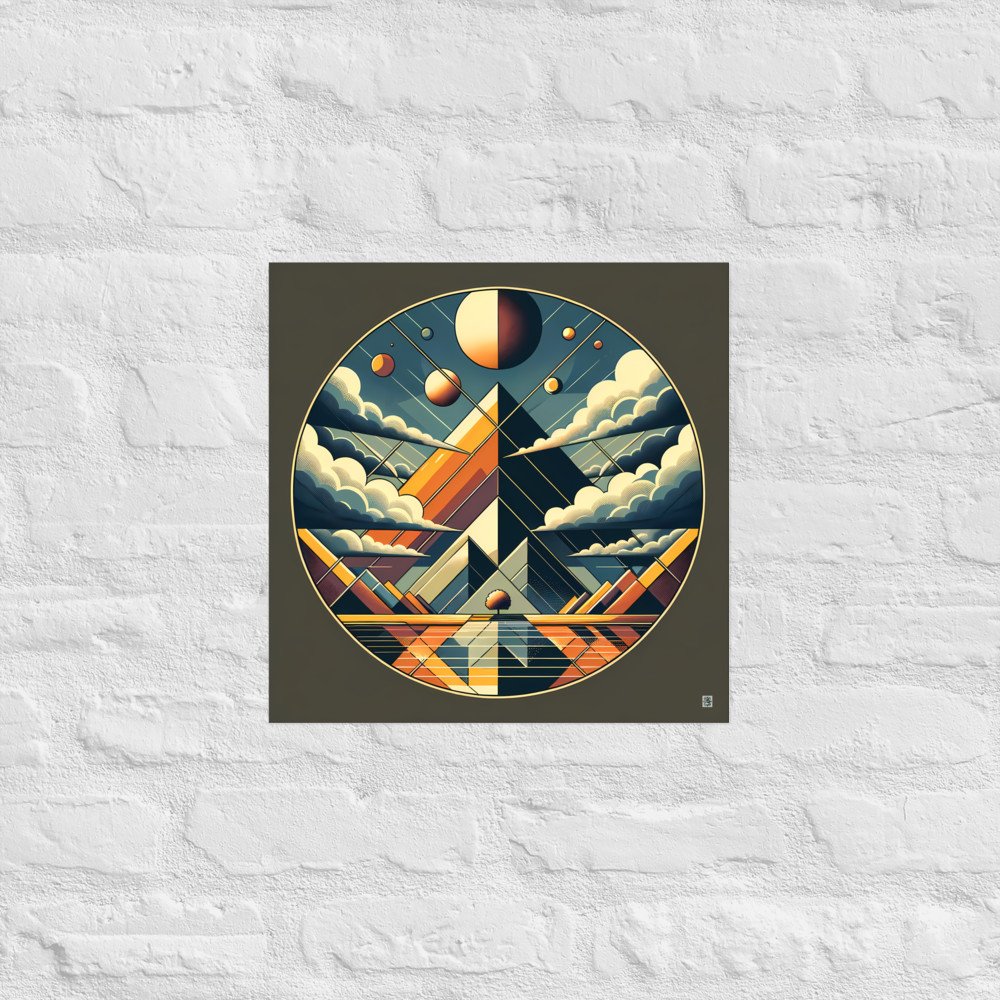 Retro Geometric Mountain Sky with Moons and Clouds