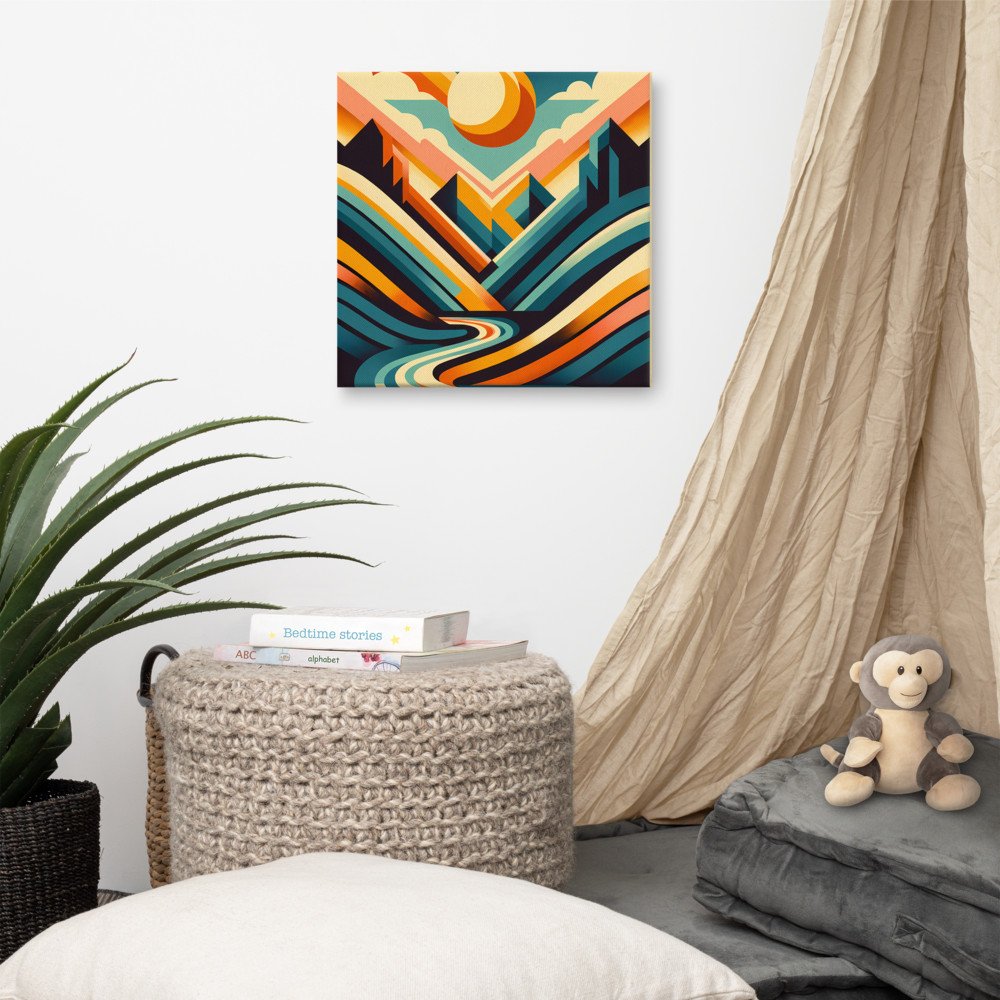 Geometric Mountain Valley with Sun and River