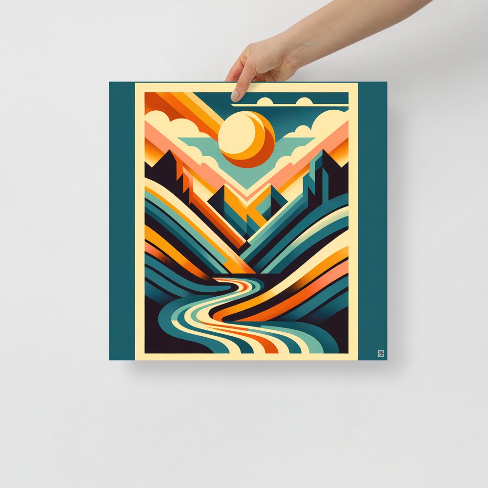 Geometric Mountain Valley with Sun and River