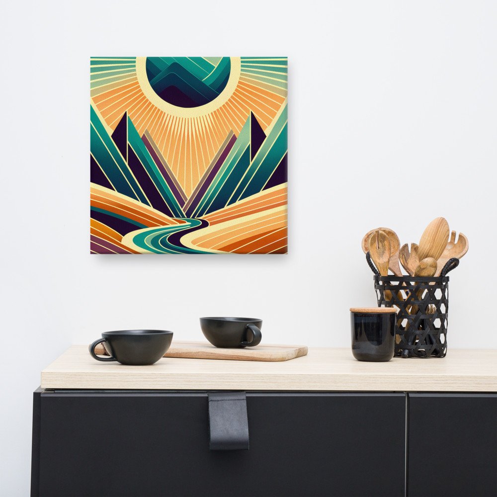 Geometric Mountain Valley with Radiant Sun