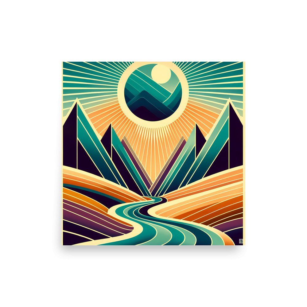 Geometric Mountain Valley with Radiant Sun