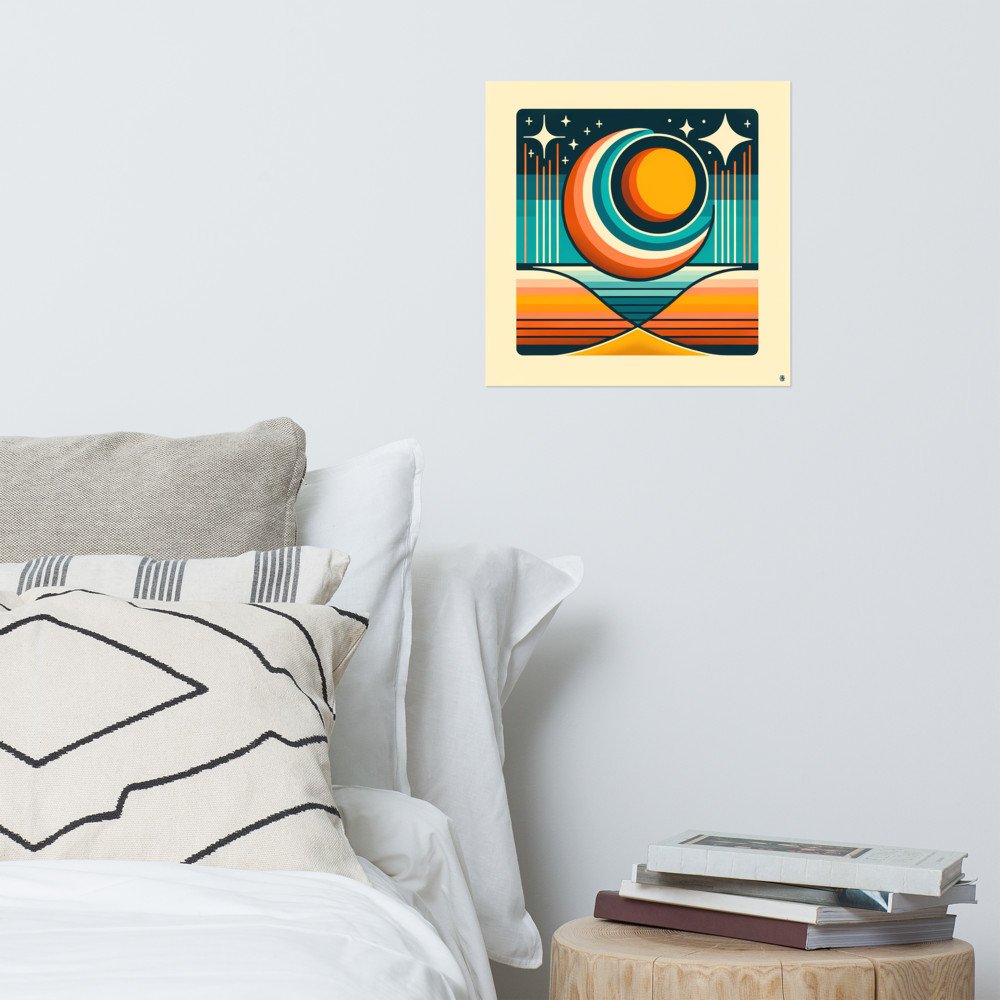 Geometric Sun Moon Over Striped Horizon