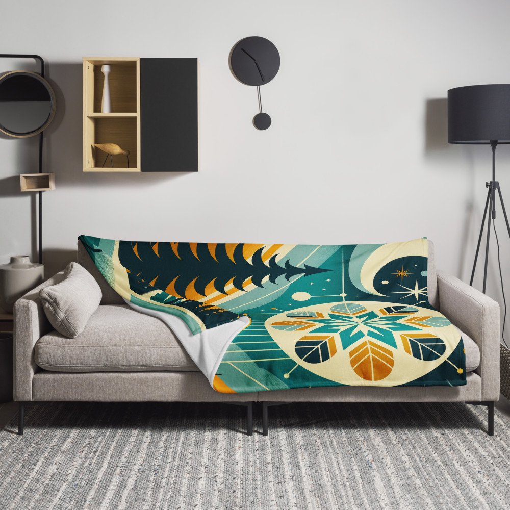 Geometric Winter Moon and Snowflake Landscape