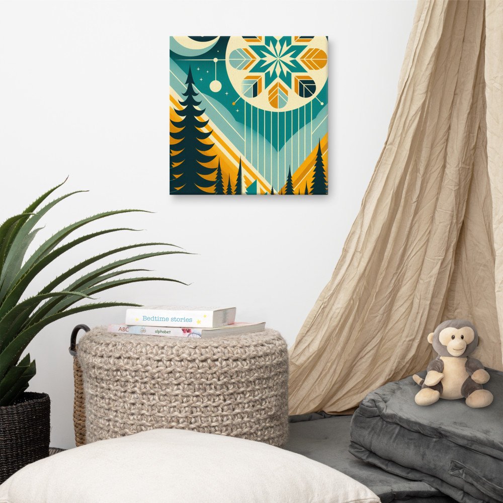 Geometric Winter Moon and Snowflake Landscape