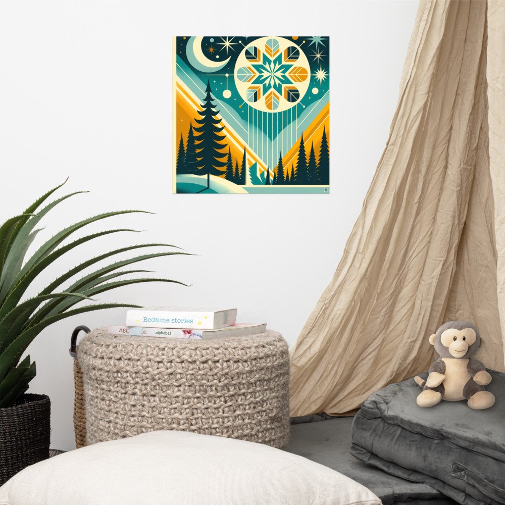 Geometric Winter Moon and Snowflake Landscape