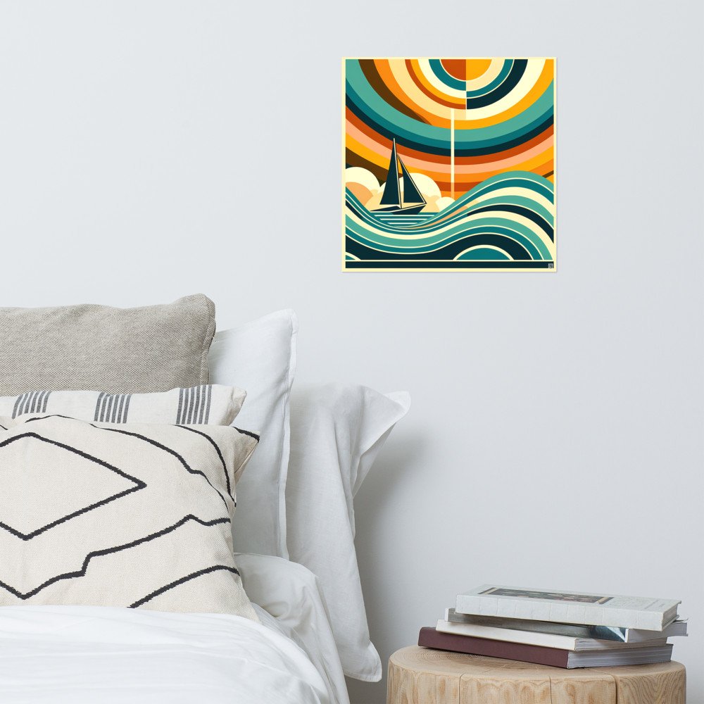 Geometric Sailboat Beneath Concentric Sunset Waves