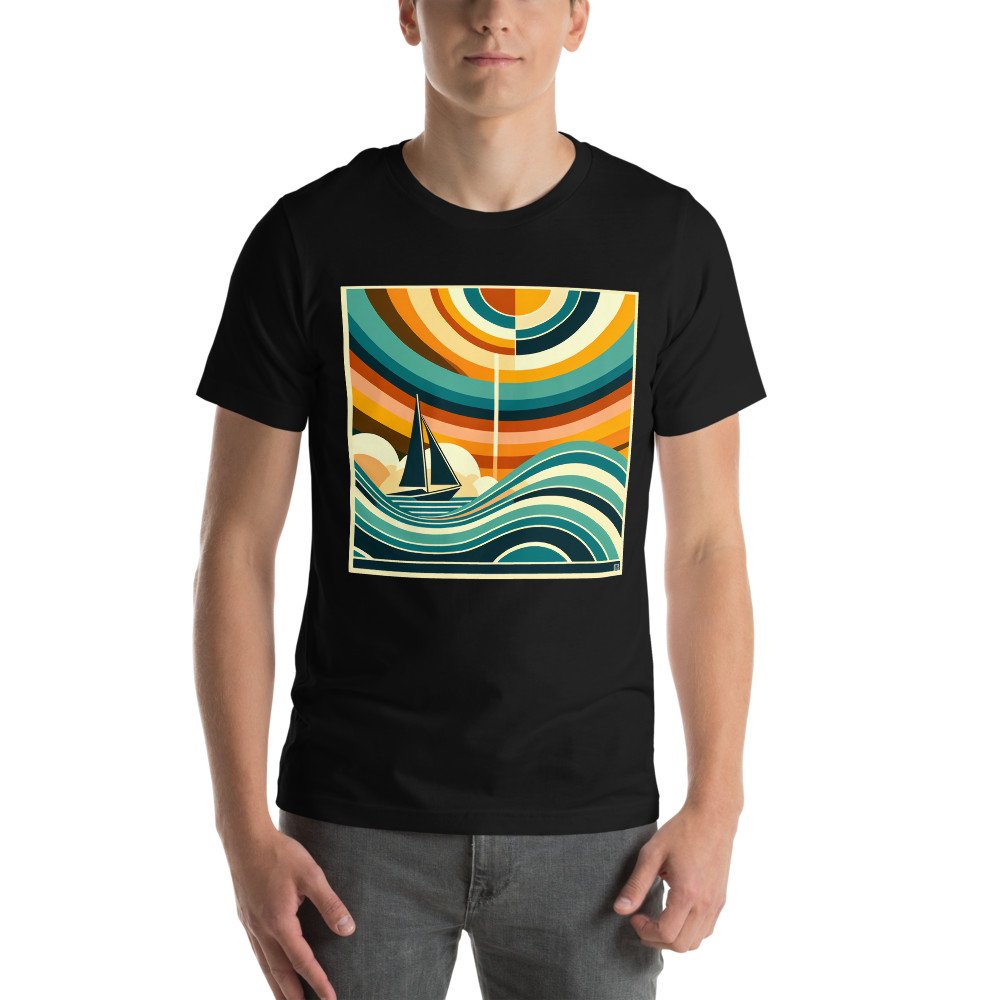 Geometric Sailboat Beneath Concentric Sunset Waves