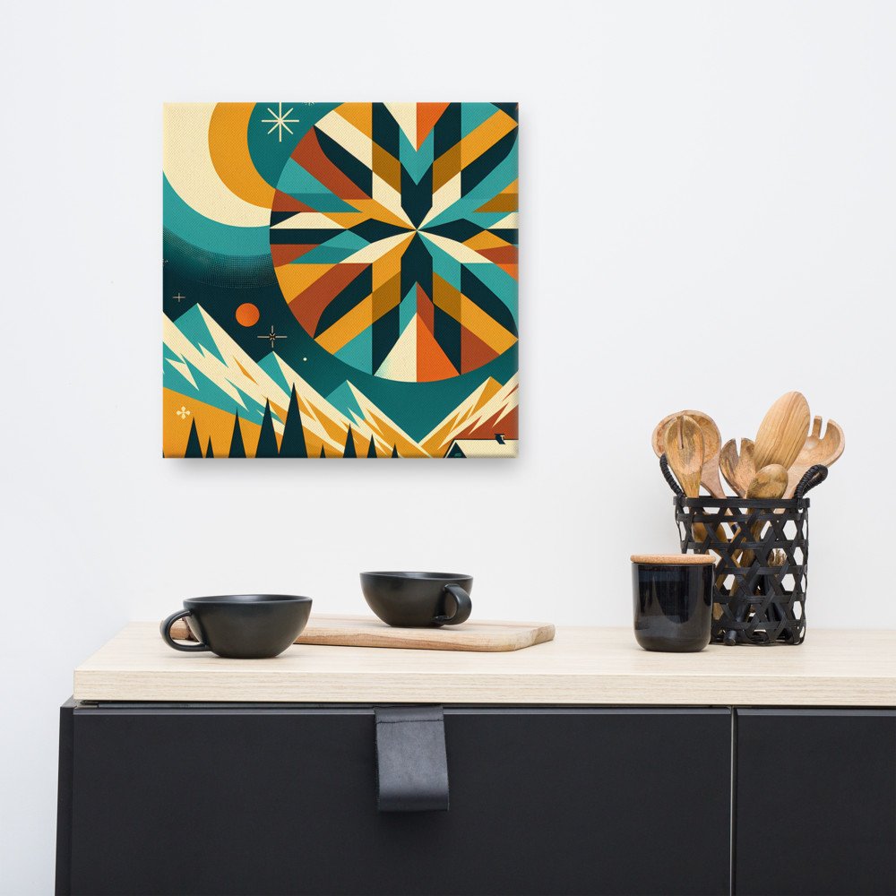 Geometric Winter Moon and Snowflake Landscape