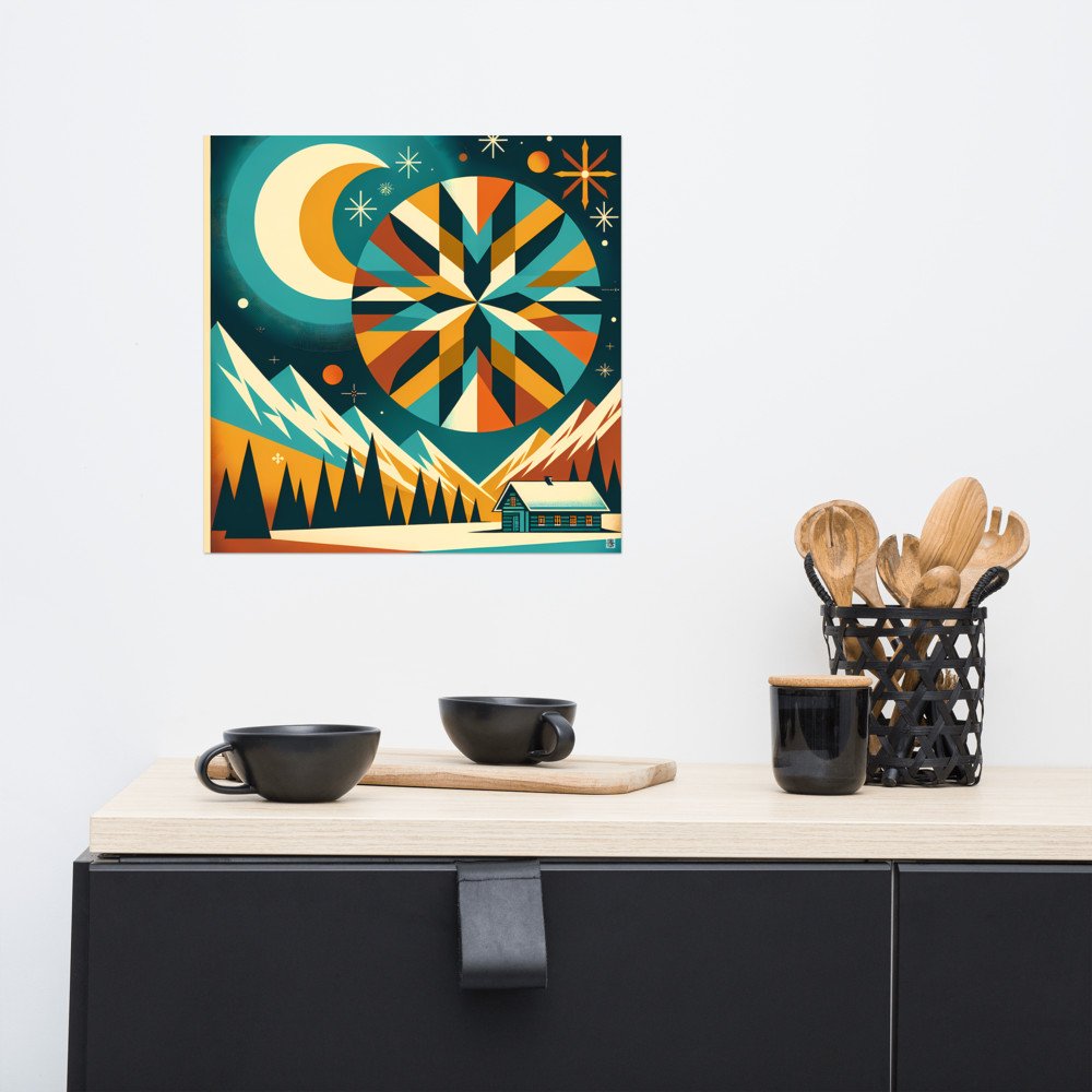 Geometric Winter Moon and Snowflake Landscape