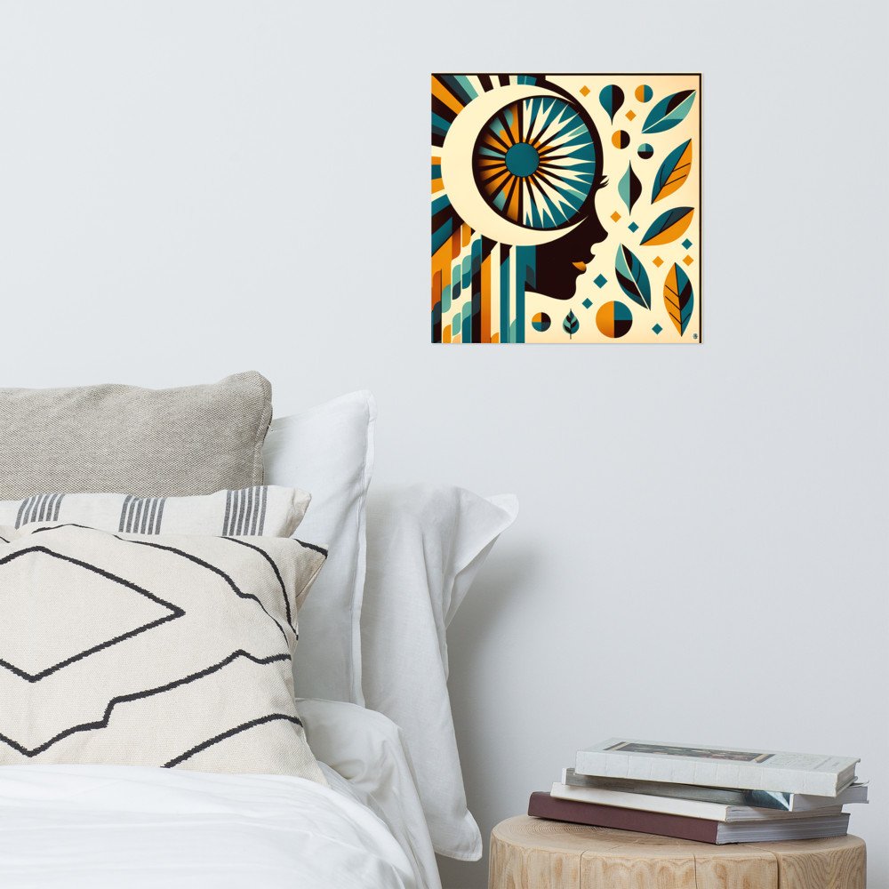 Abstract Face with Sunburst Eye and Leaves