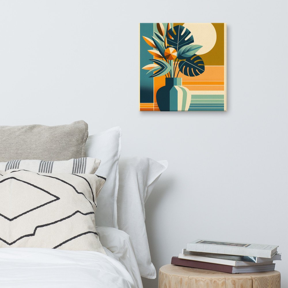 Geometric Botanical Vase with Sun and Tropical Leaves