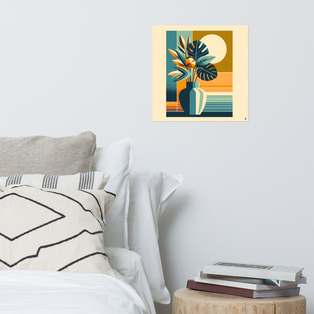 Geometric Botanical Vase with Sun and Tropical Leaves