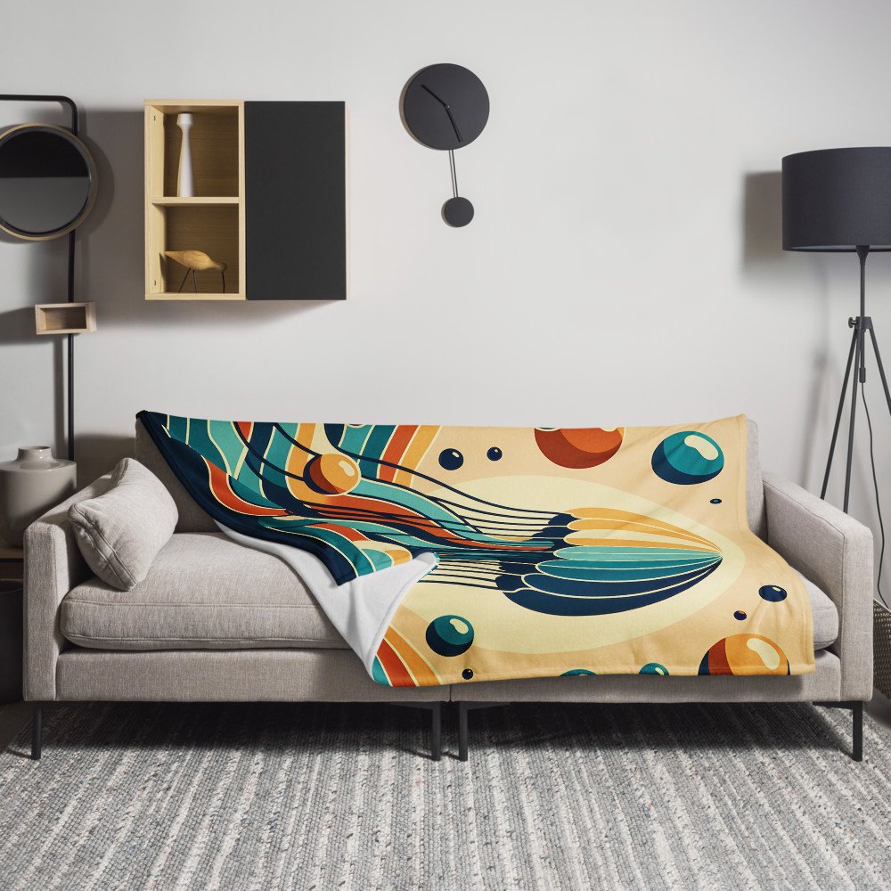 Retro jellyfish over stylised ocean waves